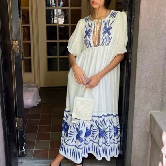 Urban Outfitters Dresses & Skirts - Urban Outfitters White Blue Embroidered BohoMidi Dress Square Neck Puff Sleeve S